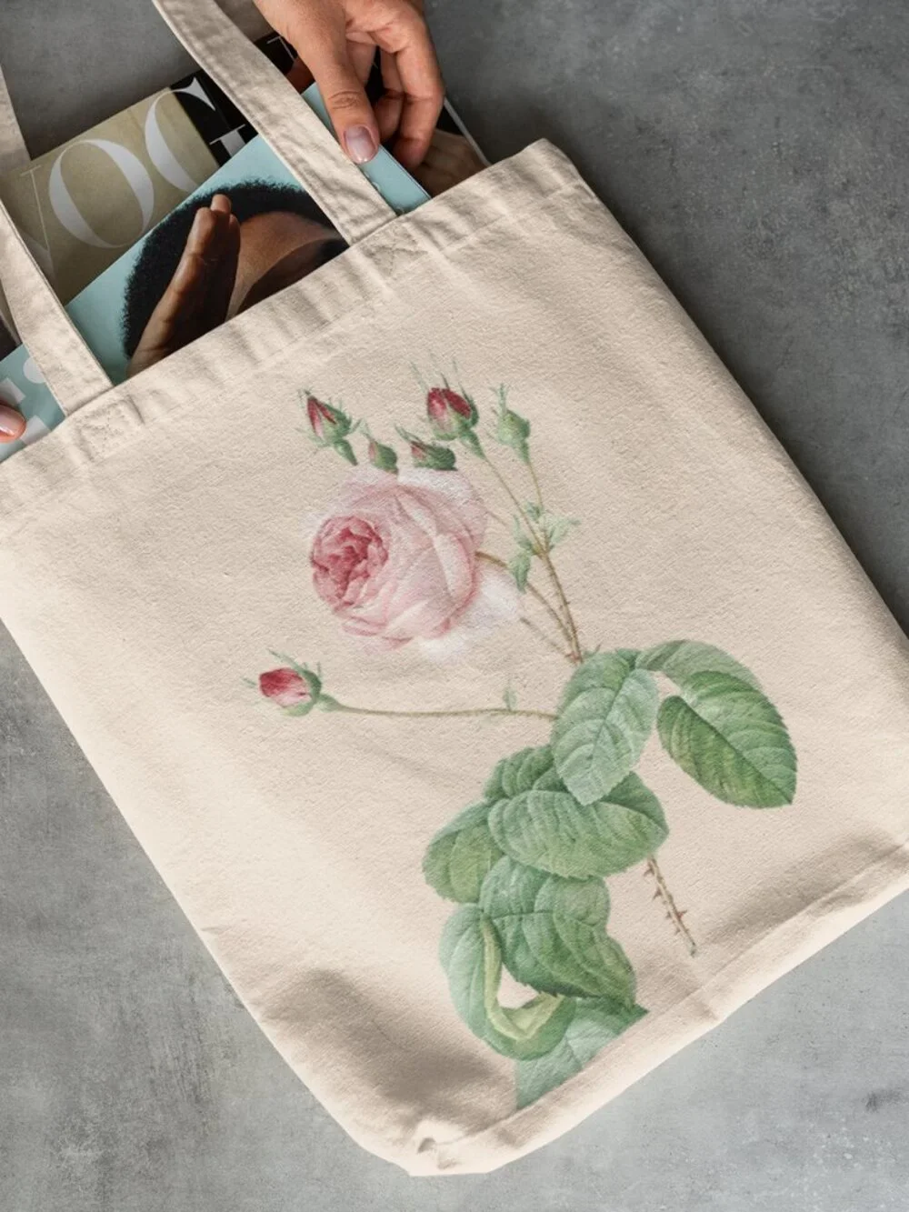 Cabbage Rose Vintage Floral Print Graphic Canvas Tote Bag